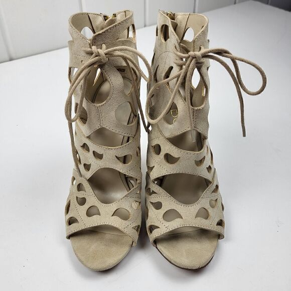Aldo Tan Suede Laser-Cut Peep Toe Heels, Size 6.5 - Picture 12 of 16